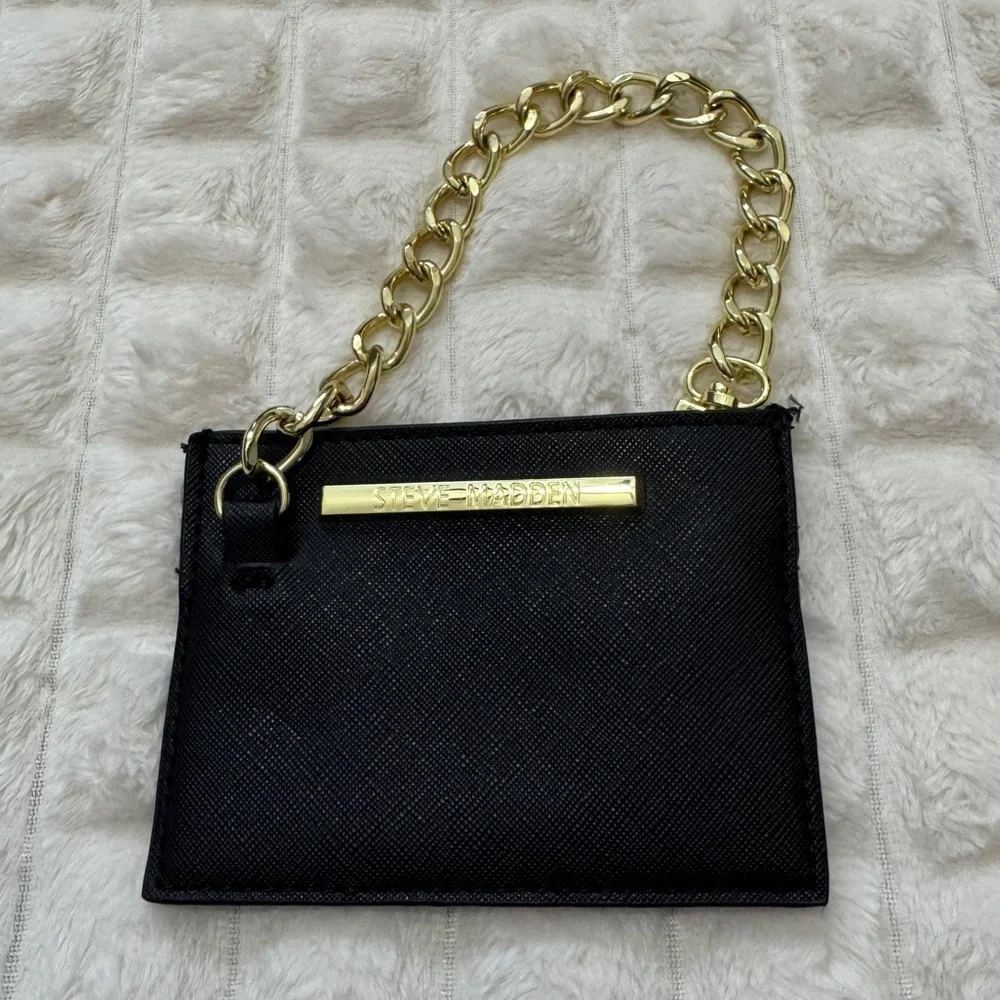 Steve Madden Black Faux Leather Wristlet Wallet‎ w/ Gold Chain Night Out Evening